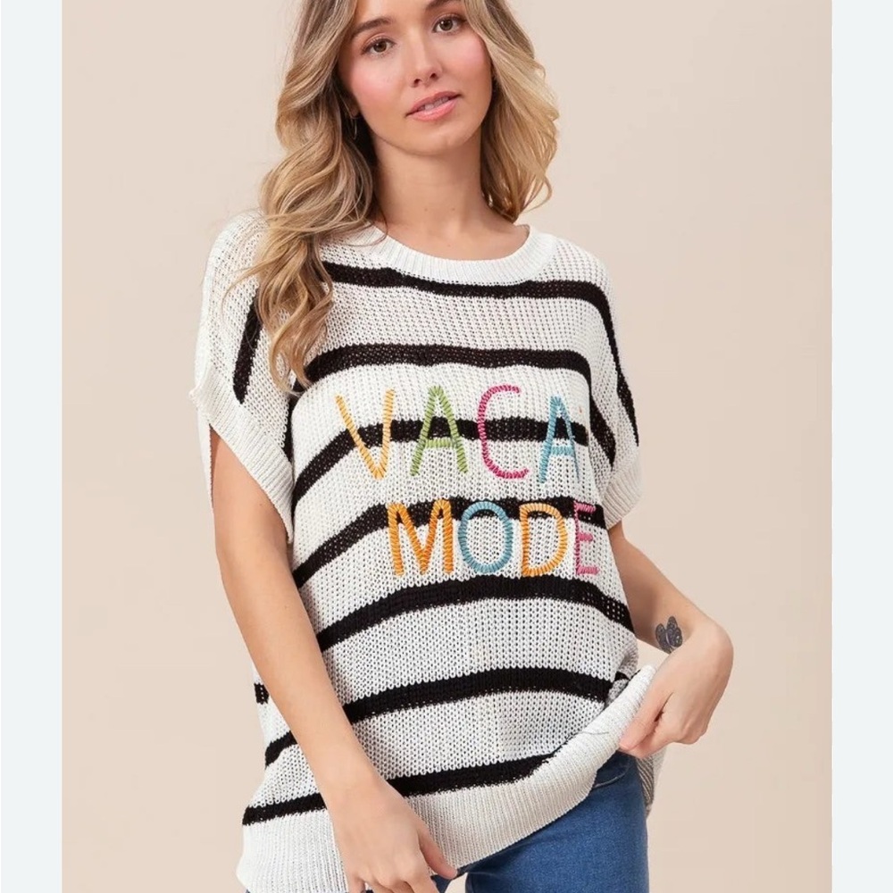 Striped Knit Top with Colorful 'VACAY MODE'
